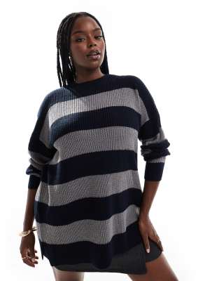 dropped shoulder striped sweater in navy and gray-Multi