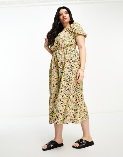 Yours - Exclusieve midi jurk met pofmouwen en bloemenprint in wit