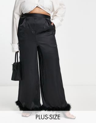Yours Exclusive fluffy trim satin wide leg pants in black (part of a set) - ASOS Price Checker