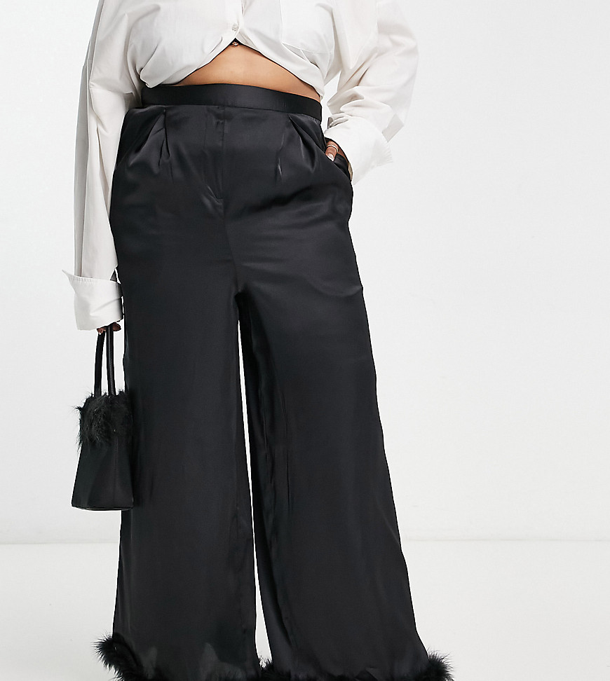 Yours Exclusive co-ord fluffy trim satin wide leg trousers in black