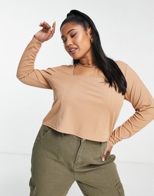 Yours Exclusive corset square neck long sleeve top in camel