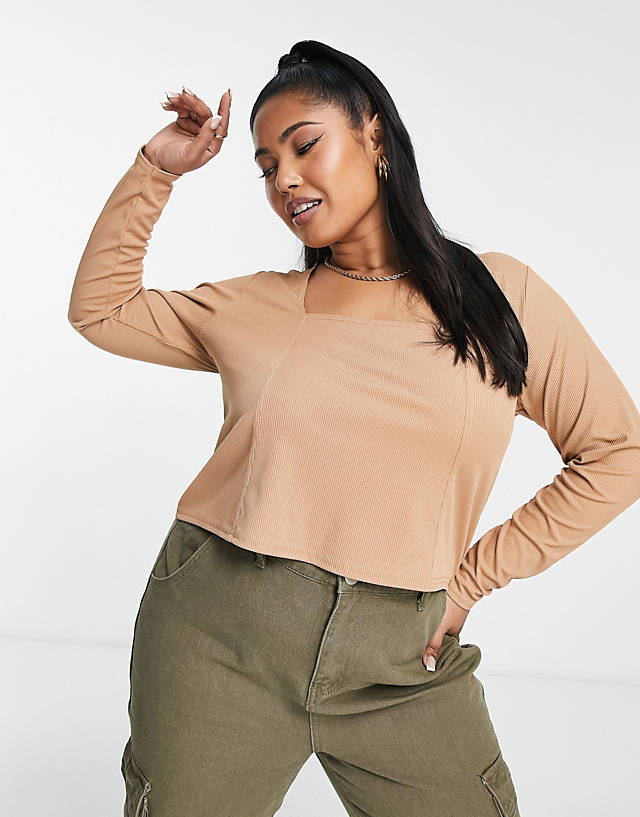 Yours - exclusive corset square neck long sleeve top in camel