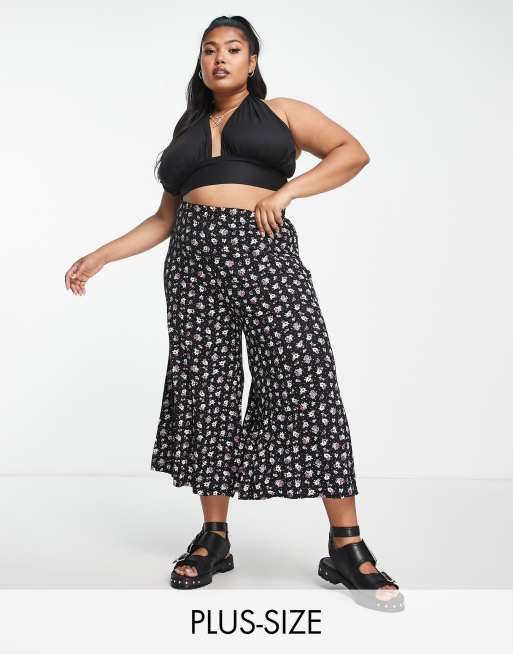 YOURS Plus Size Curve Black Floral Print Wide Leg Trousers