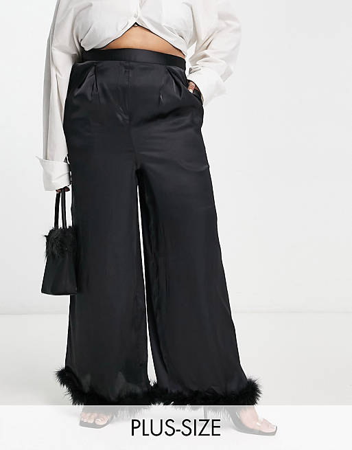 Yours Exclusive fluffy trim satin wide leg pants in black (part of a set)
