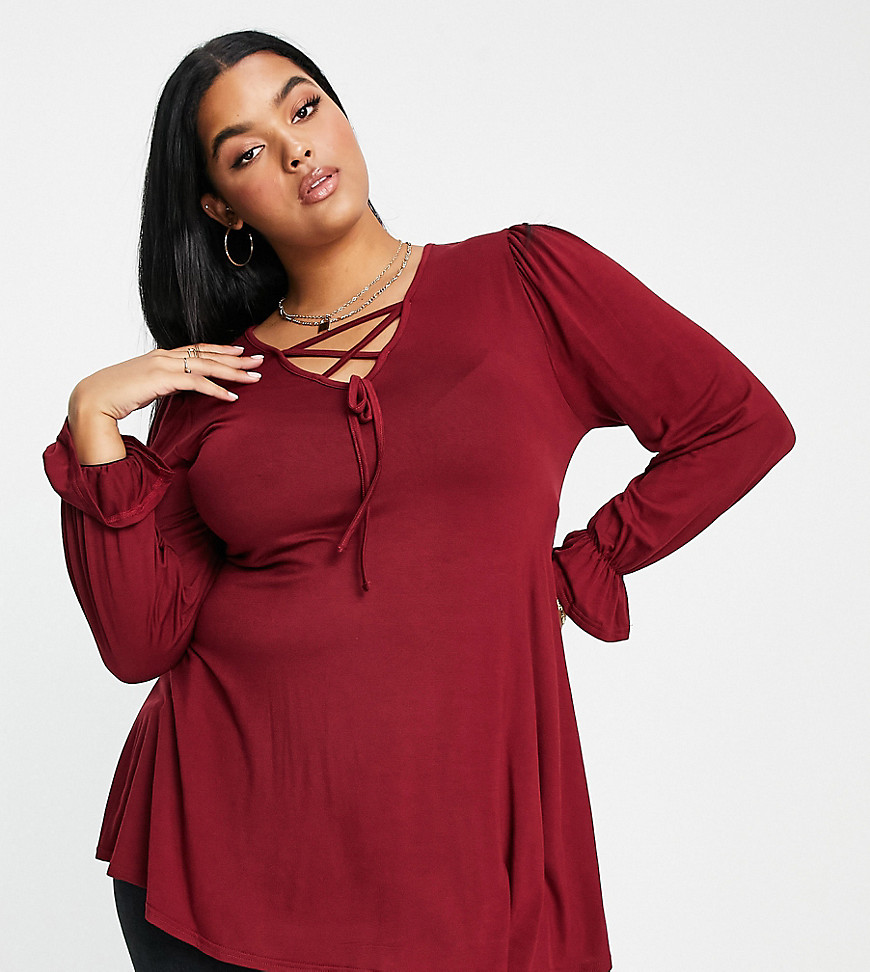 Yours Exclusive lace up top in burgundy-Black