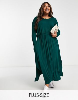 Yours Exclusive long sleeve pocket t-shirt smock dress in dark green