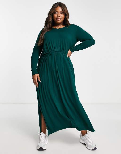 Yours Exclusive long sleeve pocket T-shirt smock dress in dark green