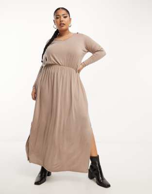 Yours Exclusive Long Sleeve Smock Midi Dress In Mocha-Brown