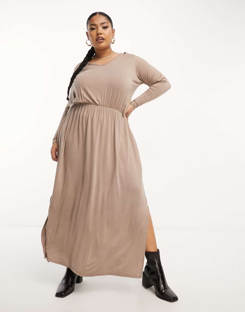 Yours Exclusive long sleeve smock midi dress in mocha