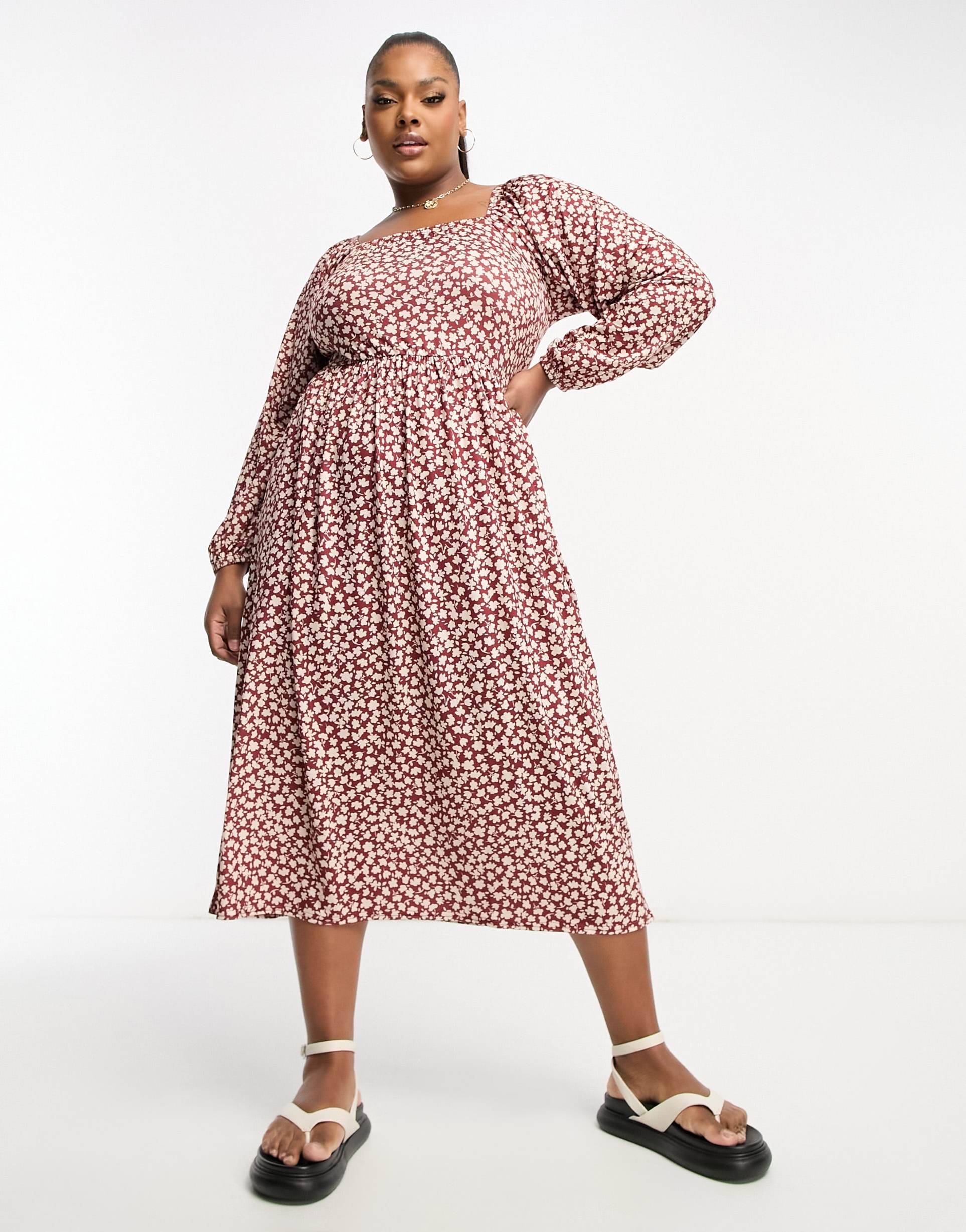 yours exclusive long sleeve square neck balloon sleeve midi dress in red floral
