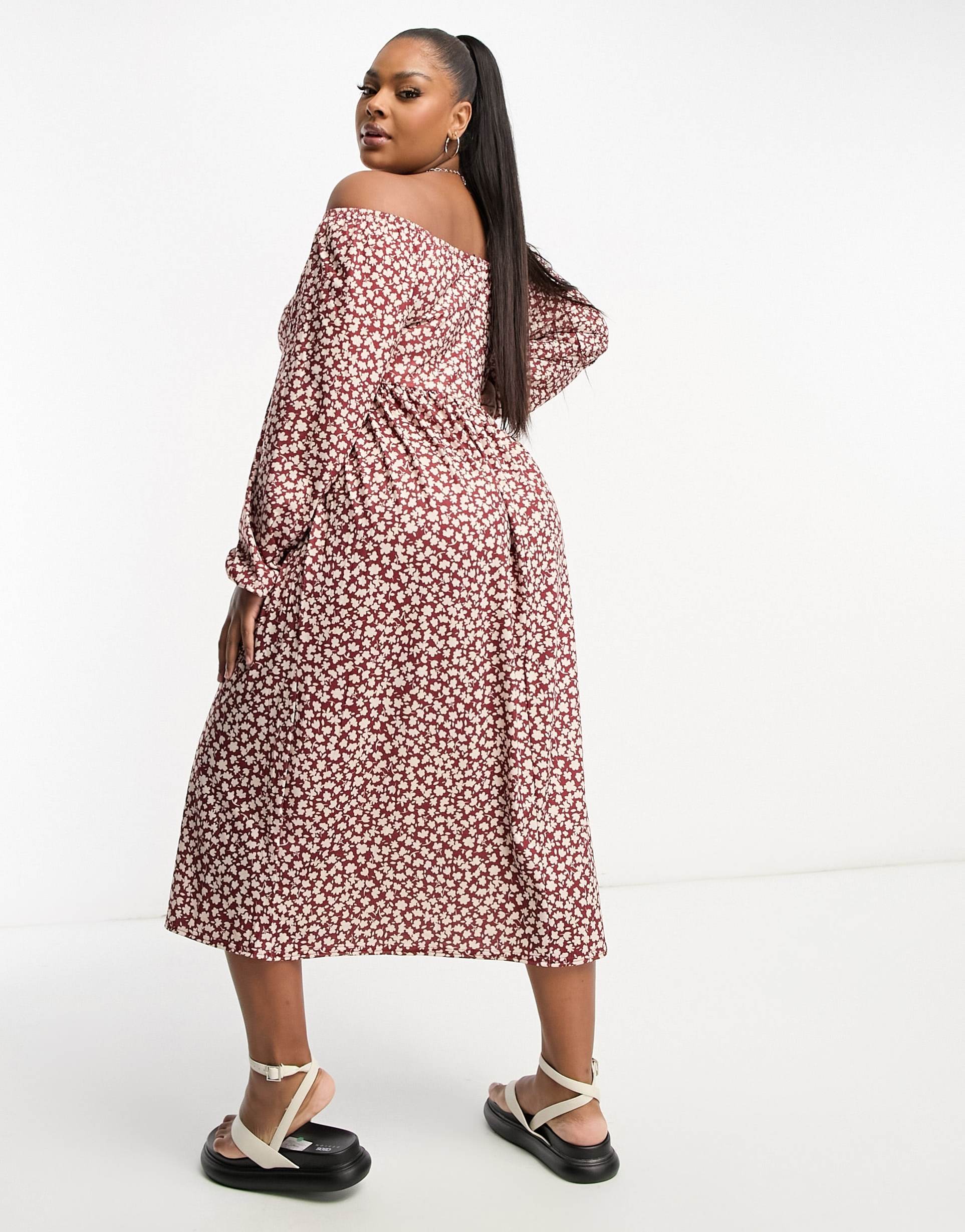 yours exclusive long sleeve square neck balloon sleeve midi dress in red floral