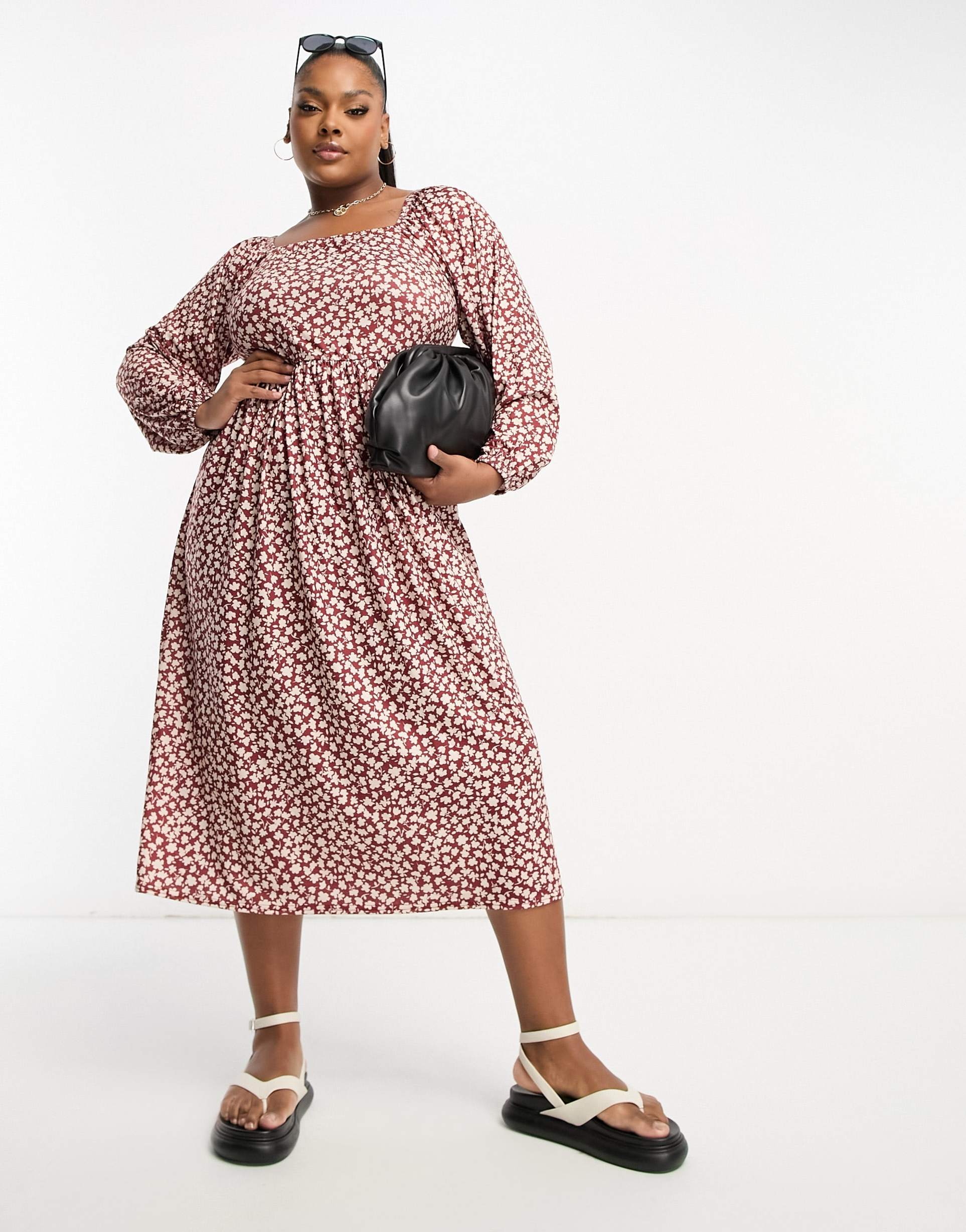 yours exclusive long sleeve square neck balloon sleeve midi dress in red floral