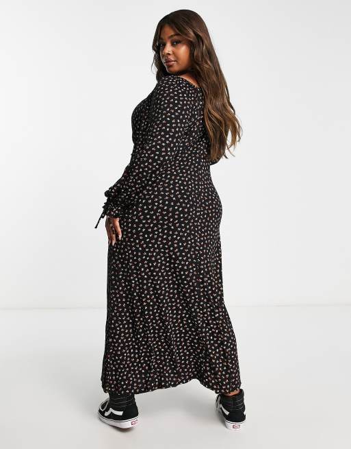 Yours Exclusive milkmaid midi dress in black ditsy floral, 3 of 4