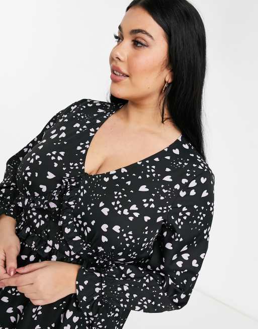 Yours – Exclusive – Minikleid mit Rüschendetail und Herz-Print in Schwarz, 3 von 4