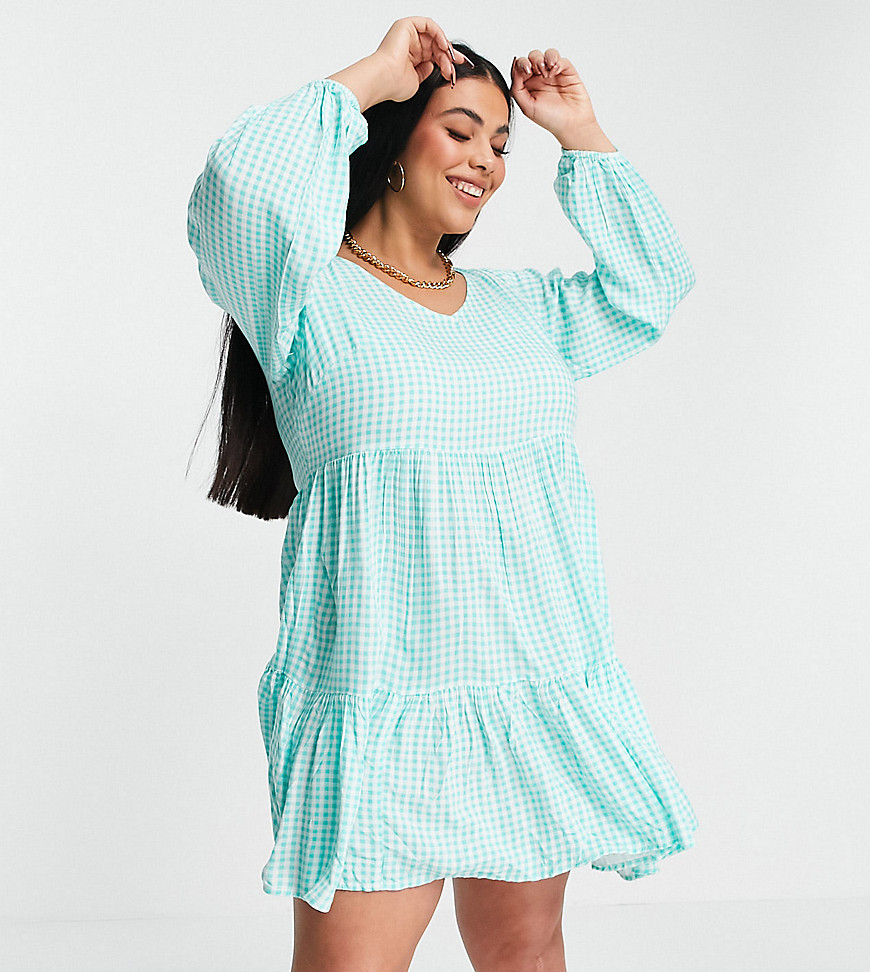 Yours Exclusive peplum mini dress in mint & white check-Blues