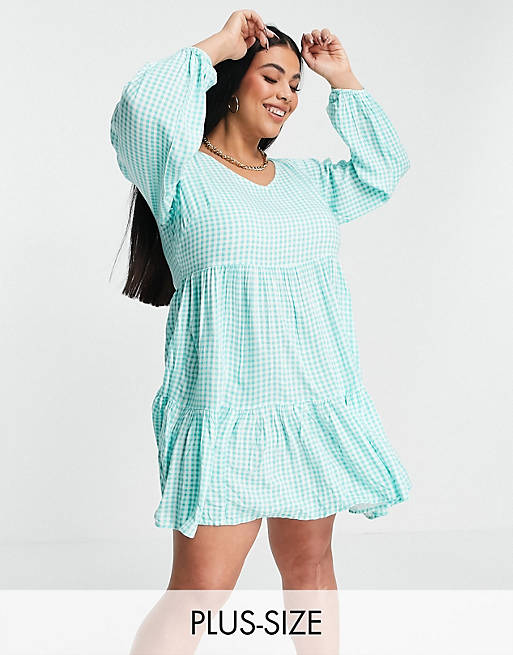 Yours Exclusive peplum mini dress in mint & white check