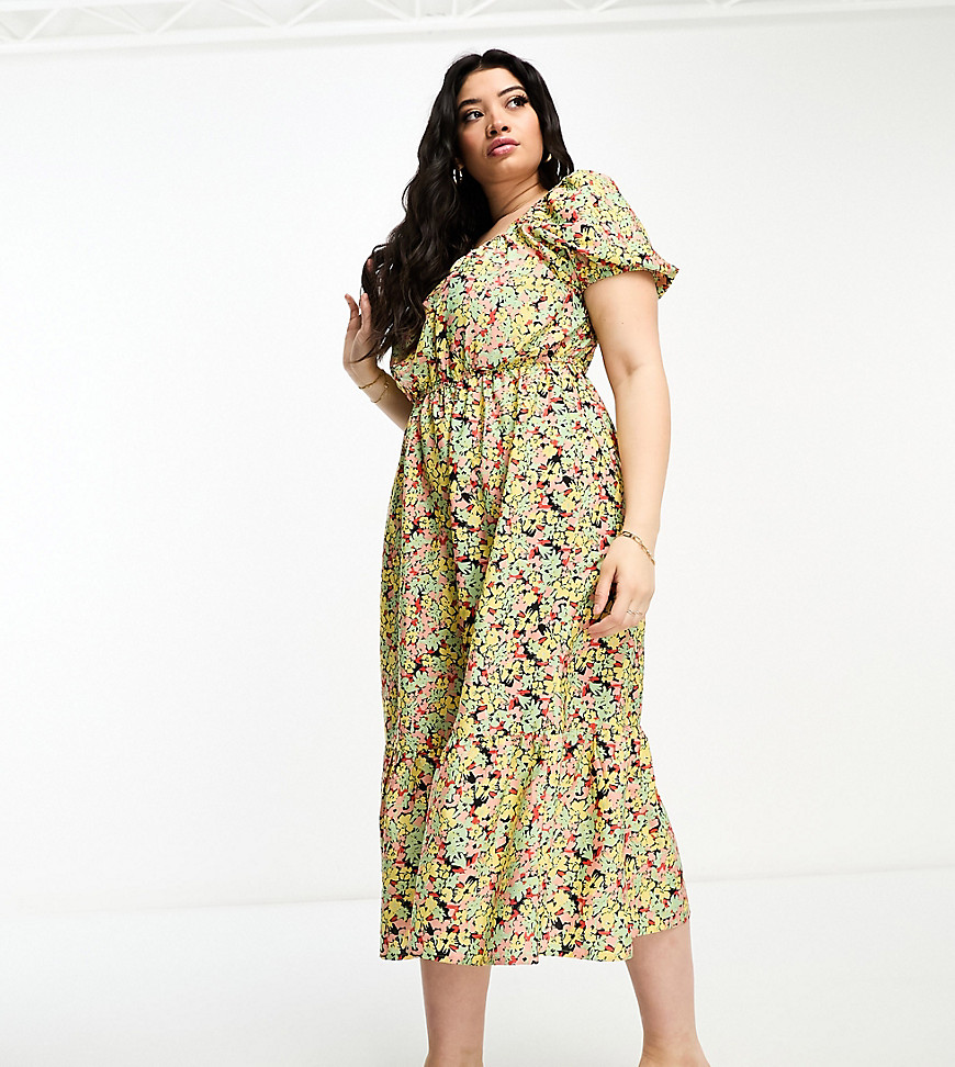Yours Exclusive puff sleeve midi dress in white floral
