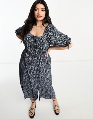Yours Exclusive puff sleeve midi dress with split detail in black floral - ASOS Price Checker