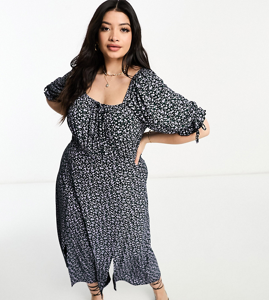 Yours Exclusive Puff Sleeve Midi Dress With Split Detail In Black Floral-multi