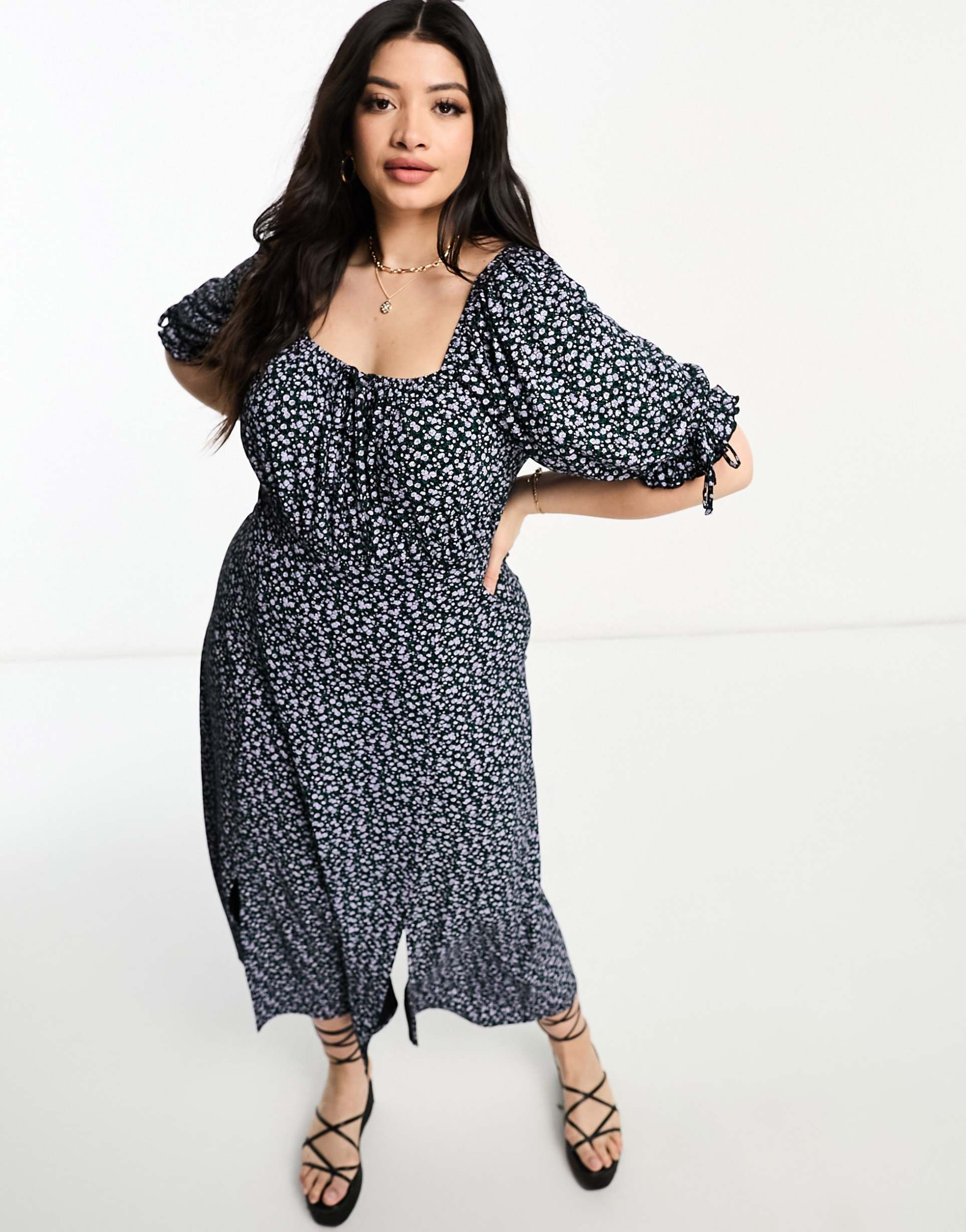 yours exclusive puff sleeve midi dress with split detail in black floral