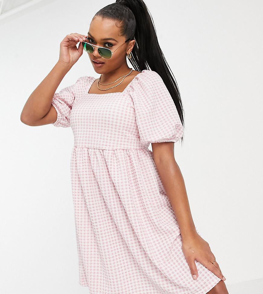 Yours Exclusive puff sleeve mini dress in pink gingham