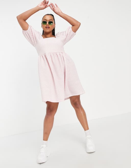 Yours Exclusive puff sleeve mini dress in pink gingham