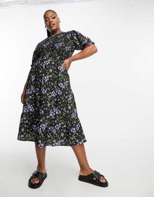 Yours Exclusive puff sleeve smock midi dress in purple floral