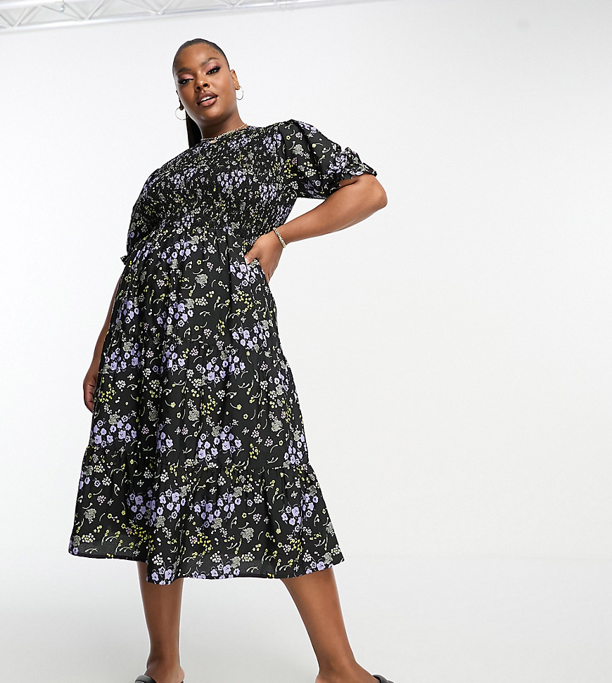Yours Exclusive puff sleeve smock midi dress in purple floral