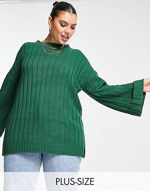  Yours Exclusive ribbed jumper with floaty sleeves in forest green 