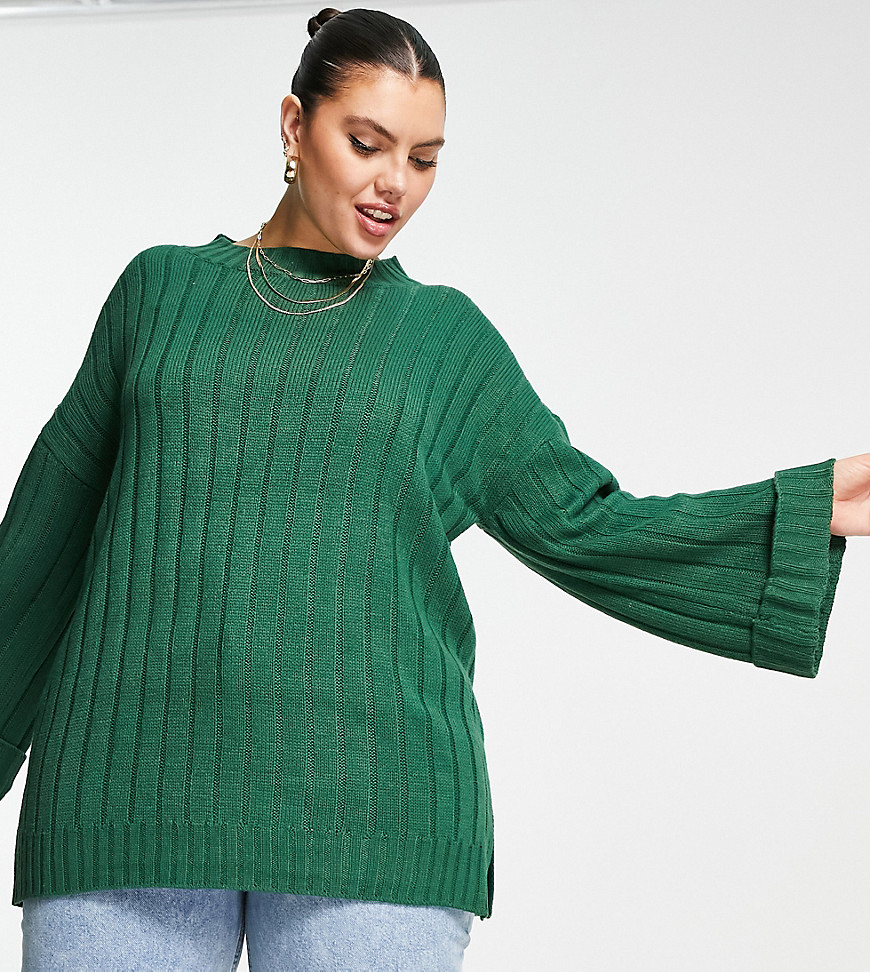 Yours Exclusive ribbed sweater with floaty sleeves in forest green
