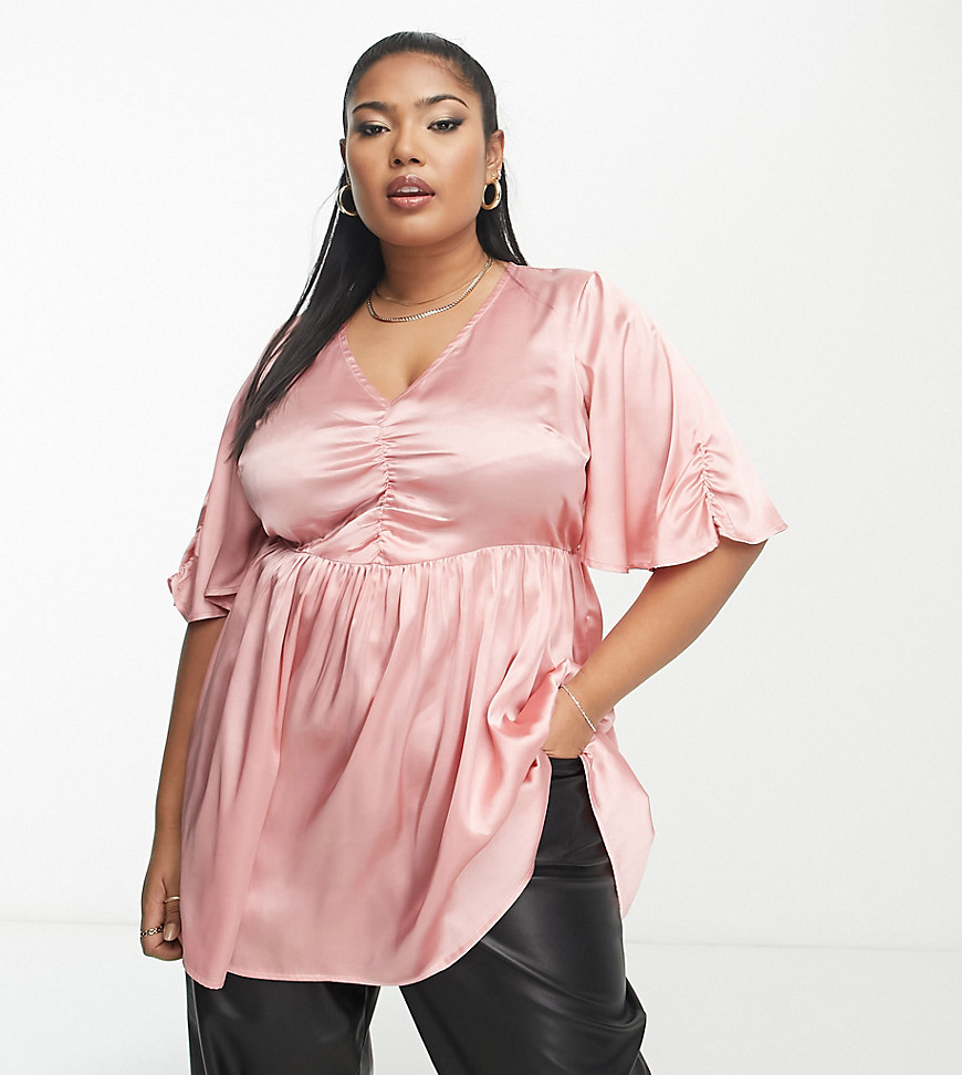 Yours Exclusive satin ruched blouse in blush-Pink