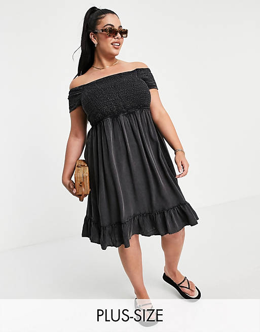 Yours Exclusive shirred waist bardot mini dress in black