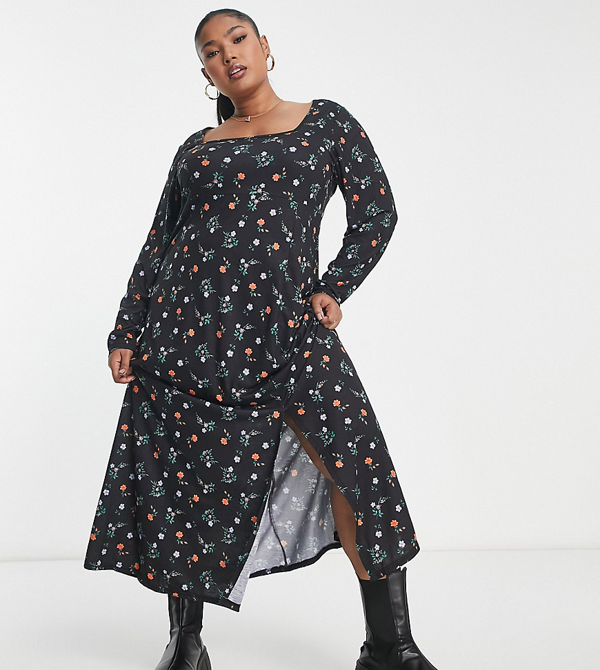 Yours Exclusive square neck long sleeve midi dress with side split in black ditsy floral