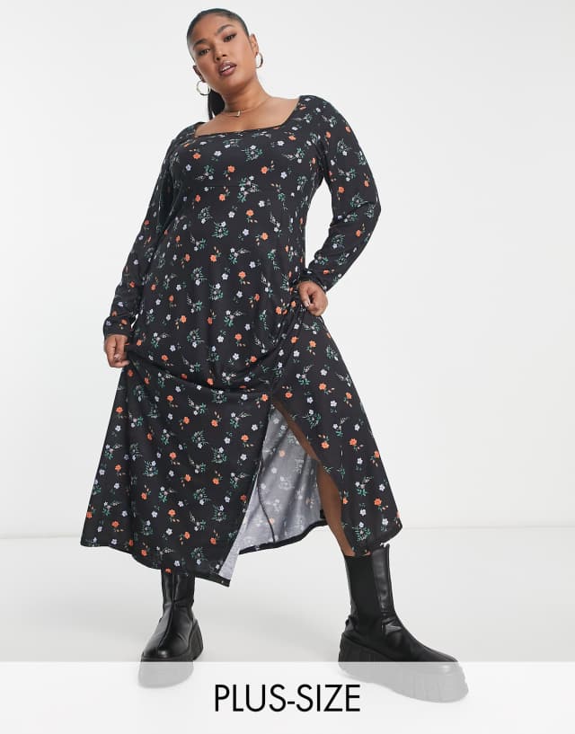 Yours Exclusive square neck long sleeve midi dress with side split in black ditsy floral