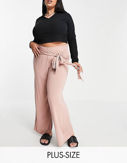Yours Exclusive tie waist wide leg trousers in dusky pink