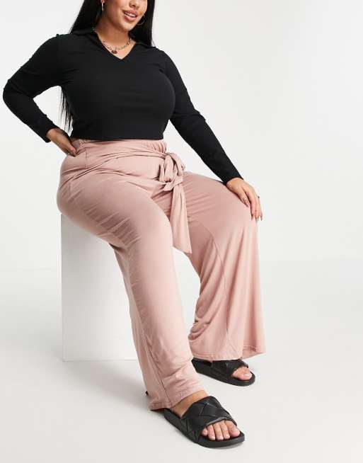 Yours Exclusive tie waist wide leg trousers in dusky pink, 4 of 4