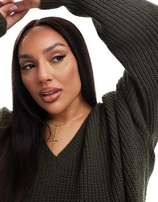 Yours Exclusive v-neck sweater in khaki