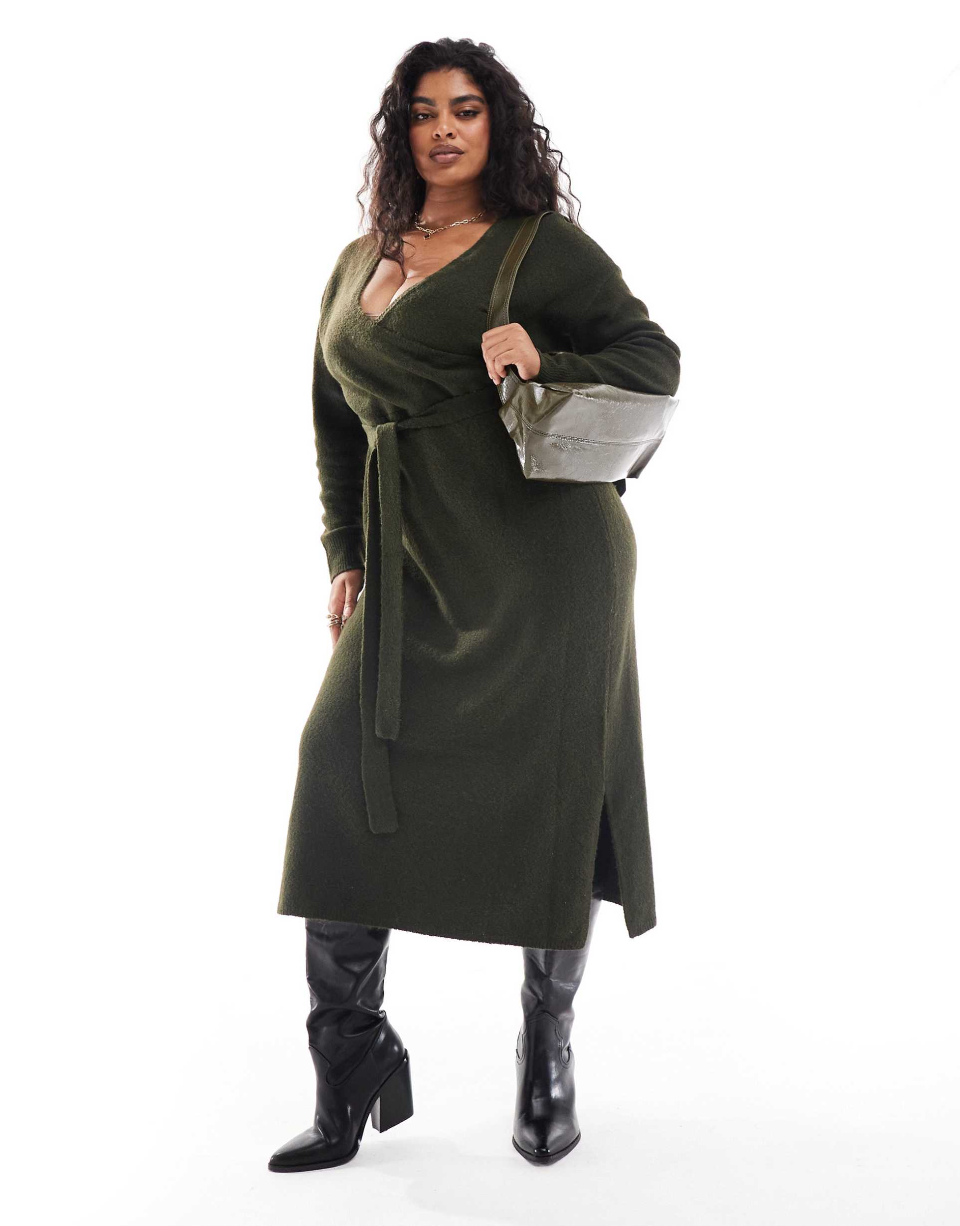 yours exclusive v-neck wrap knit midi dress in khaki