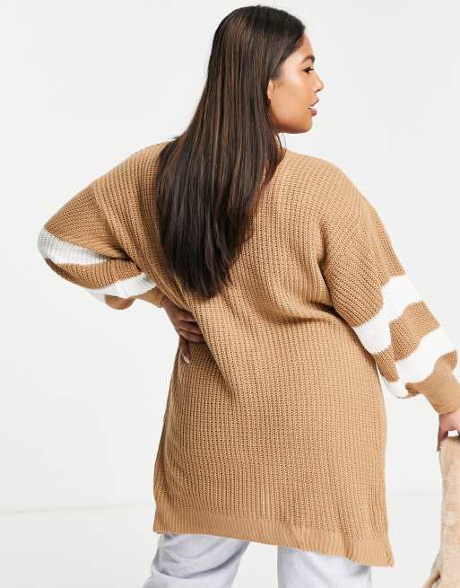 Yours Exclusive varsity cardigan with side stripes in camel | ASOS