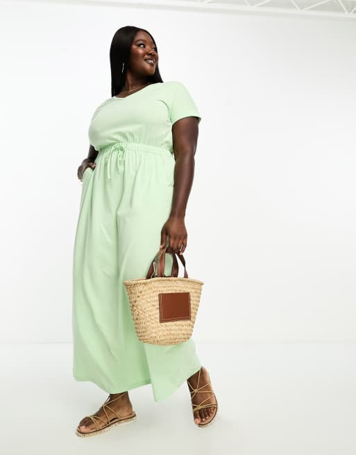 Yours - Exclusives - Maxi T-shirtjurk met trekkoord in de taille in saliegroen