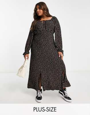 Yours - Exclusives - Midi-jurk met melkmeisjesmodel in zwart met fijne bloemenprint