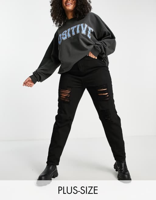 Yours - Exclusives - Mom jeans met grote scheuren in zwart