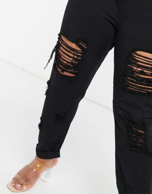 Yours - Exclusives - Mom jeans met grote scheuren in zwart, 3 van 4