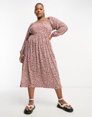 Yours Exclusive long sleeve square neck balloon sleeve midi dress in red floral - ASOS Price Checker