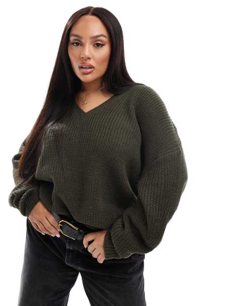 Yours – Exklusiv – Pullover in Khaki mit V-Ausschnitt - view 1