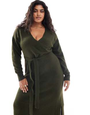 Yours - Exklusives, gewickeltes Midi-Strickkleid in Khaki mit V-Ausschnitt-Grün