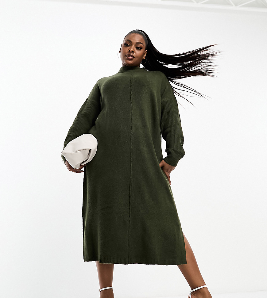 Yours Exposed Seam Sweater Dress In Khaki-green