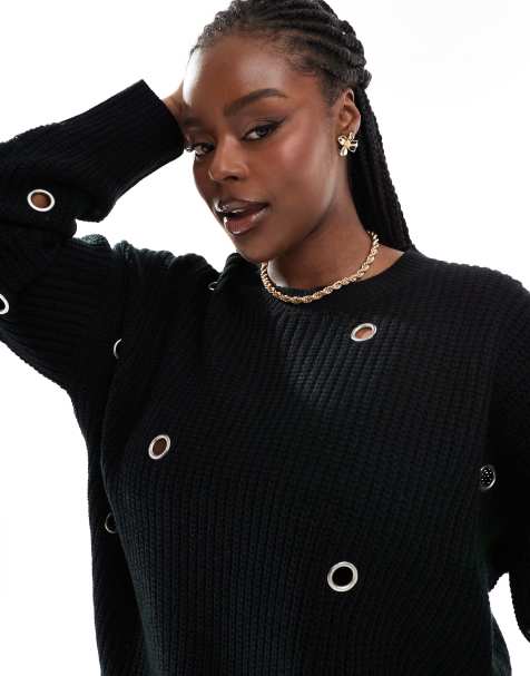 Yours eyelet jumper in black