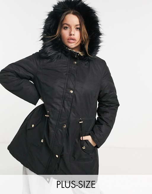 Yours faux fur hooded parka coat in black
