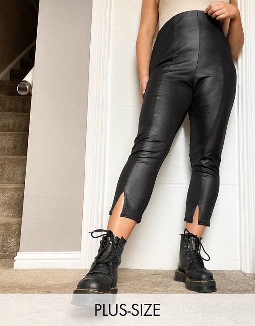 Yours faux leather trousers with split hem in black